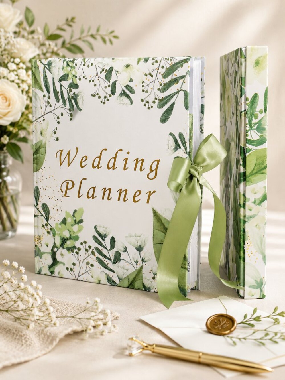 JueNi Wedding Planner Book Organizer Green Gold Leaves Bride Engagement Gift NIB